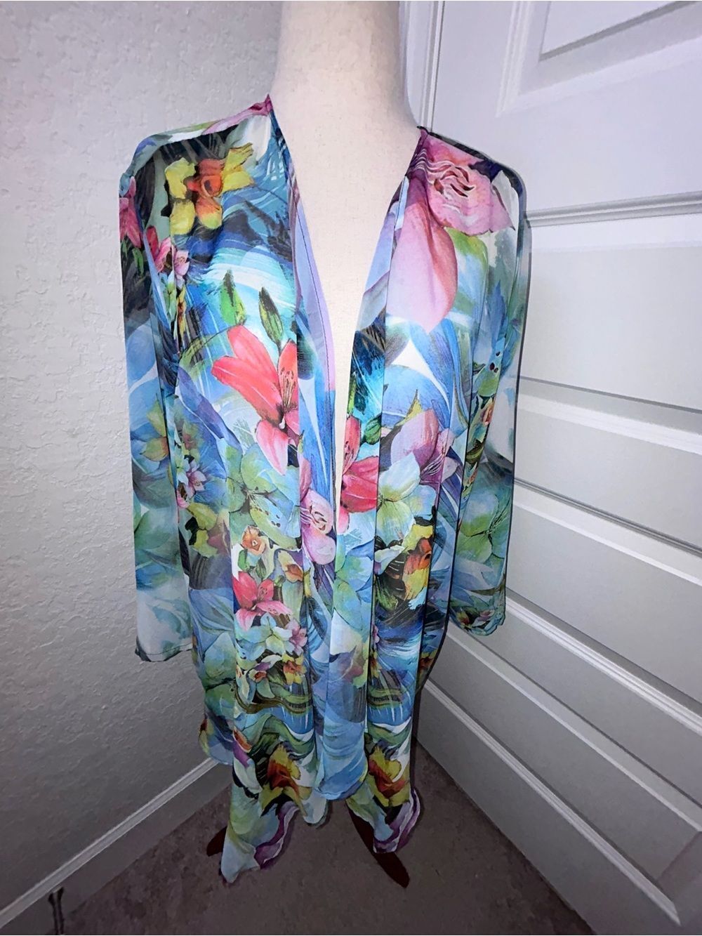 ALL HOURS Tropical Floral Print Sheer Open Front Kimono Blouse Top